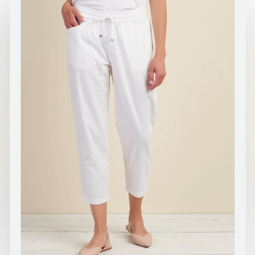HATLEY SIERRA LINEN BLEND WHITE CROPPED PANTS POCKETS ELASTICIZED WAIST sz Med